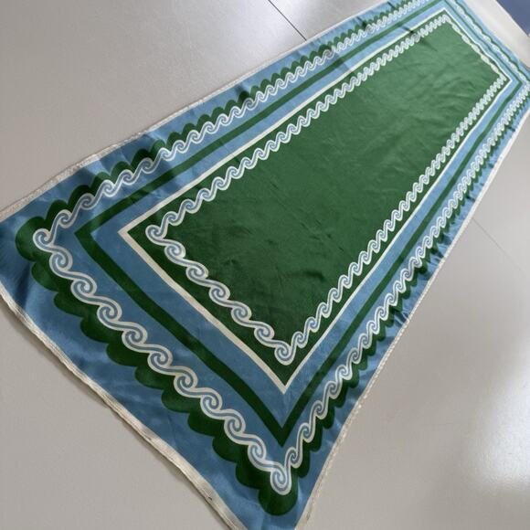 Vintage Green Blue Wave Border Oblong Scarf 41” Maximalist‎ Mod Print No Tag - Picture 5 of 10
